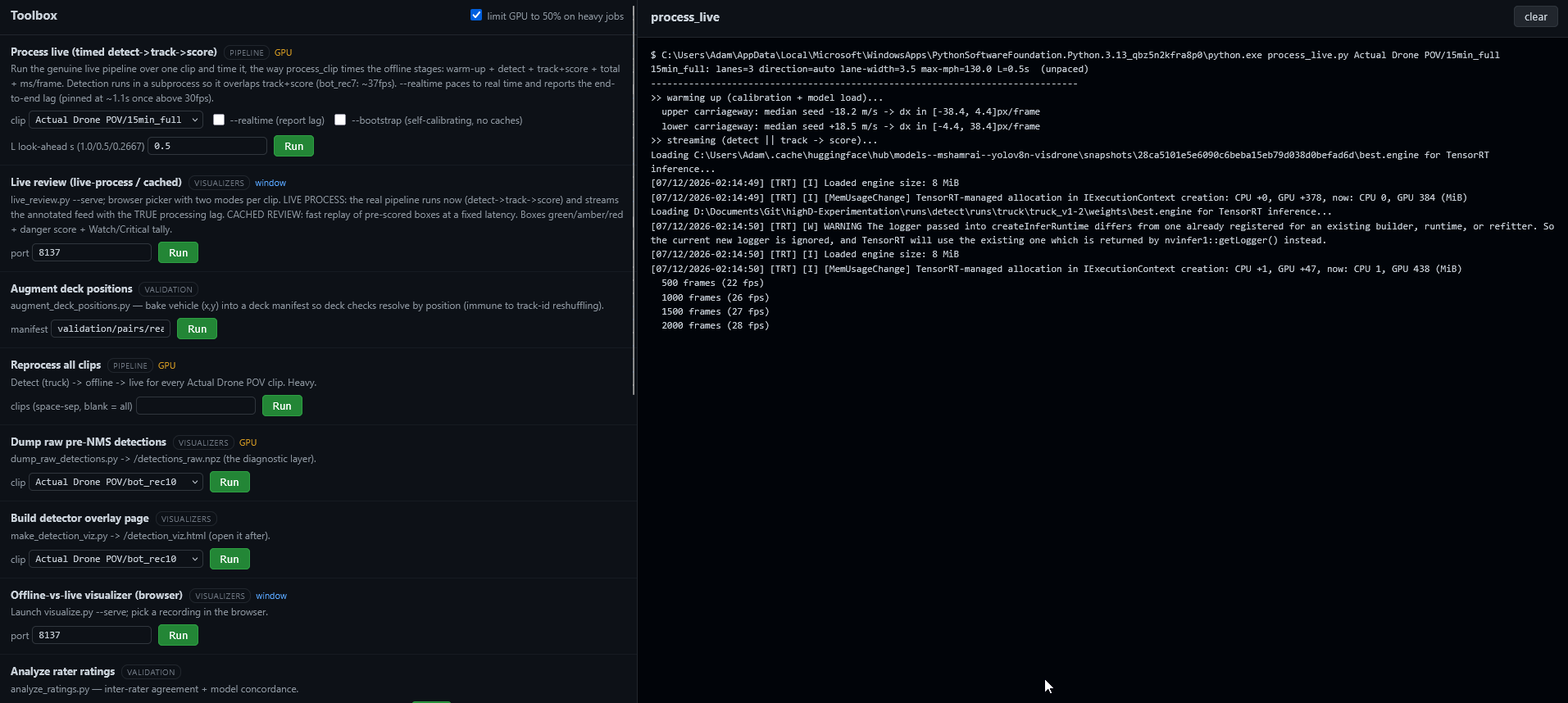 The toolbox GUI: every pipeline stage, visualizer and validation script registered with its parameters and a one-click Run button, with a live log.